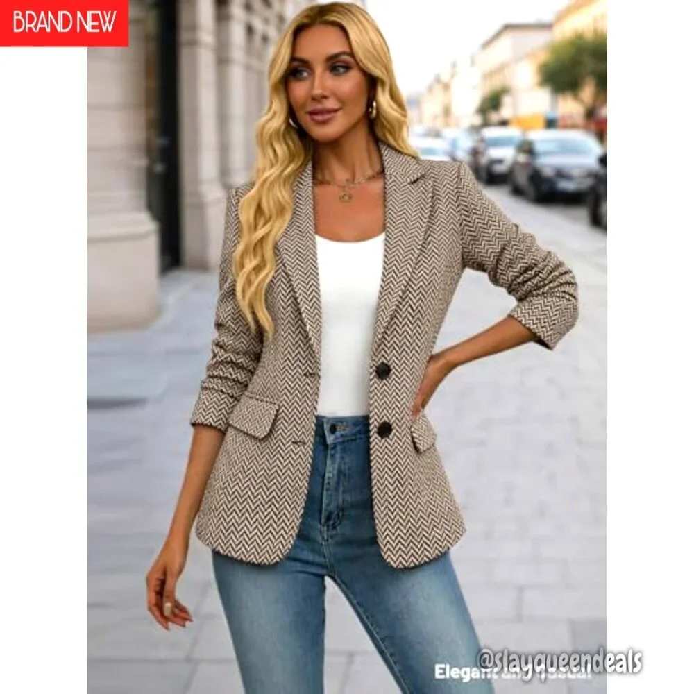 Women's Tailored Tweed Blazer, Fully Lined, Notched Lapel, Pockets, Work Office